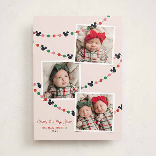 This is a frosting holiday photo cards with standard by Annie Holmquist called disney's mickey mouse garland printing on recycled smooth signature in standard