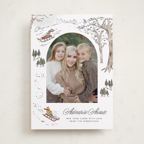 This is a snow holiday photo cards with standard by Jenna Holcomb called disney's winnie the pooh winter adventures printing on recycled smooth signature in standard