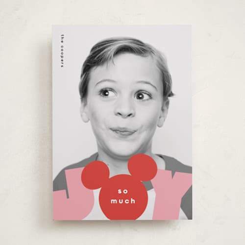 This is a cranberry holiday photo cards with standard by Lori Wemple called disney holiday joy printing on recycled smooth signature in standard