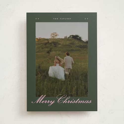 This is a pine holiday photo cards with standard by Christy Hy Lee called vintage scene printing on recycled smooth signature in standard
