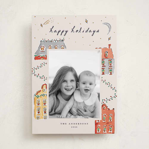 This is a vanilla holiday photo cards with standard by Sarah Rosenthal called festive town printing on recycled smooth signature in standard