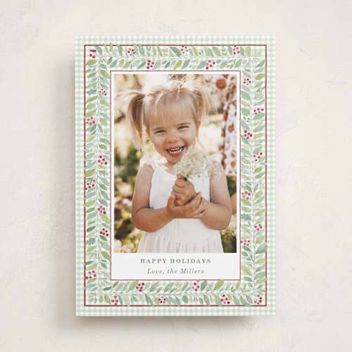 This is a holly berry holiday photo cards with standard by Alison Grace called sap green garland printing on recycled smooth signature in standard