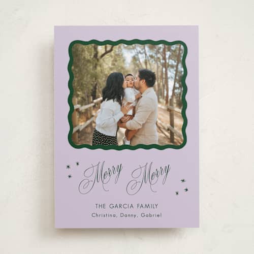 This is a sugar plum holiday photo cards with standard by Lauren Jopling called squiggle and stars printing on recycled smooth signature in standard