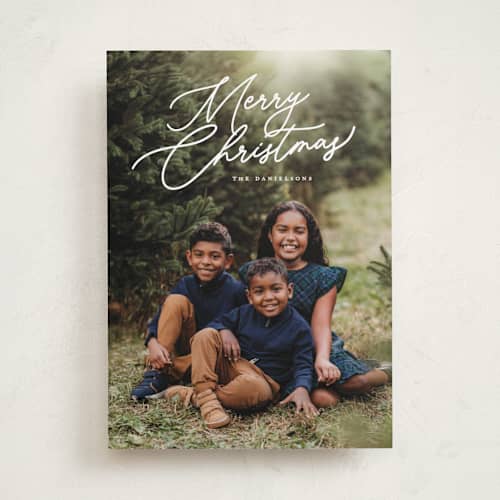 This is a snowfall holiday photo cards with standard by Melanie Kosuge called merry monoline printing on recycled smooth signature in standard