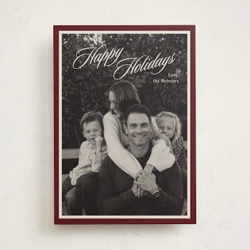 This is a burgundy holiday photo cards with standard by Ani Somi called classic portrait printing on recycled smooth signature in standard