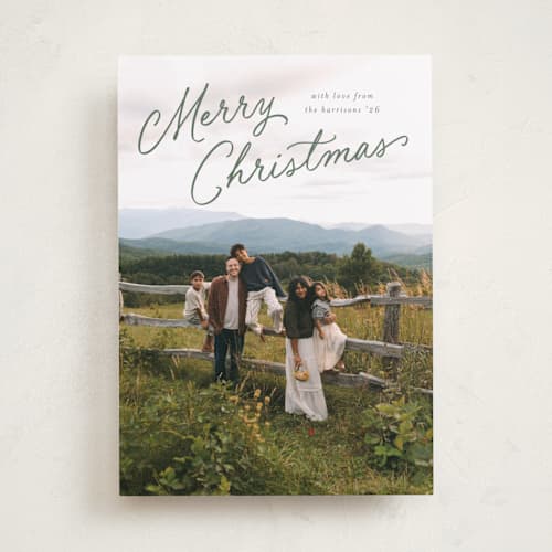 This is a eucalyptus holiday photo cards with standard by Carmia C. called nostalgic script printing on recycled smooth signature in standard