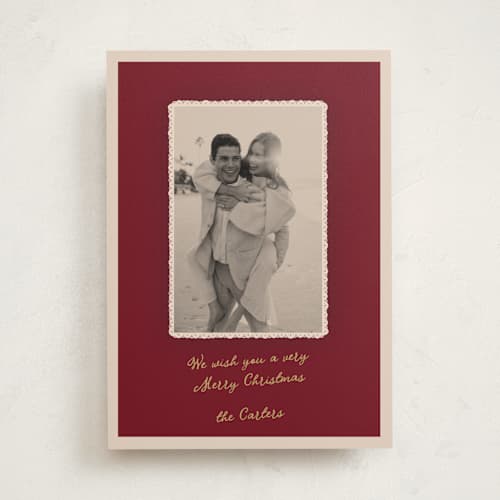 This is a burgundy holiday photo cards with standard by Bailamor Design by CM called lacebound christmas printing on recycled smooth signature in standard