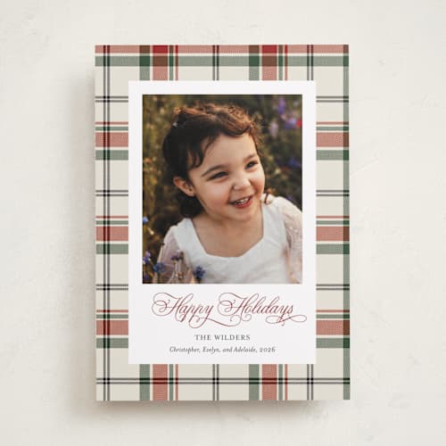 This is a pudding holiday photo cards with standard by Cindy Reynolds called plaid traditions printing on recycled smooth signature in standard