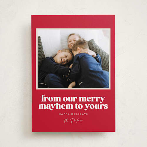This is a holly berry holiday photo cards with standard by Robert and Stella called our merry mayhem printing on recycled smooth signature in standard