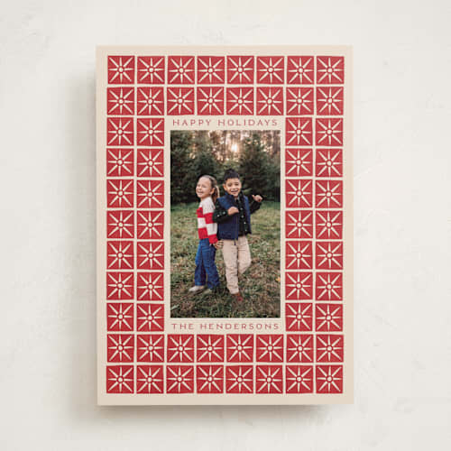 This is a poinsettia holiday photo cards with standard by Katharine Watson called stamped blocks printing on recycled smooth signature in standard