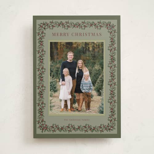 This is a olive holiday photo cards with standard by Cass Loh called winter berry frame printing on recycled smooth signature in standard