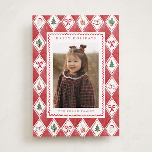 This is a grenadine holiday photo cards with standard by Sarah Knight called nostalgic wrap printing on recycled smooth signature in standard