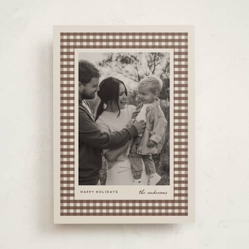 This is a chocolate holiday photo cards with standard by Stacey Meacham called cute gingham mat printing on recycled smooth signature in standard