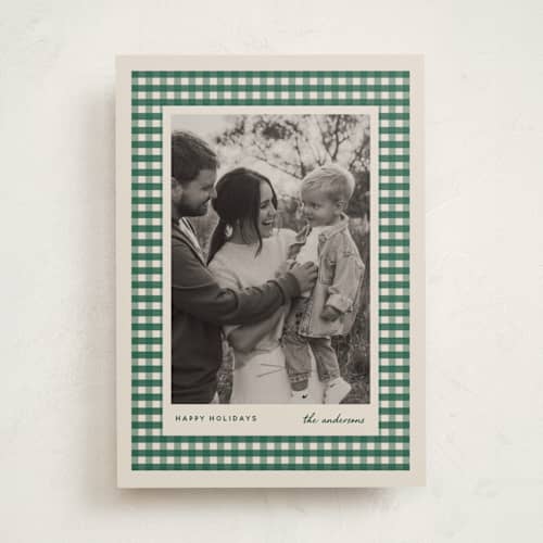 This is a pine holiday photo cards with standard by Stacey Meacham called cute gingham mat printing on recycled smooth signature in standard