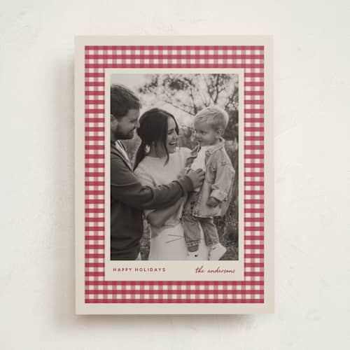 This is a garnet holiday photo cards with standard by Stacey Meacham called cute gingham mat printing on recycled smooth signature in standard