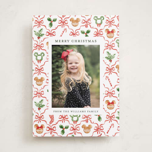 This is a candy cane holiday photo cards with standard by Sarah Knight called disney mickey's merry christmas printing on recycled smooth signature in standard