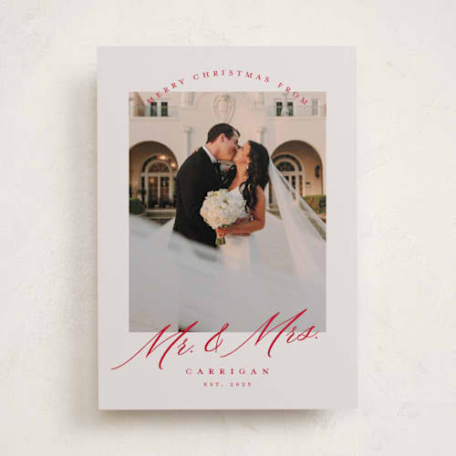 This is a tinsel holiday photo cards with standard by Pink House Press called mr. and mrs. printing on recycled smooth signature in standard