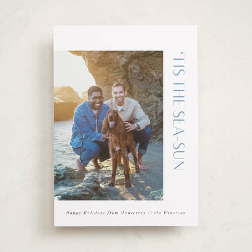 This is a sea spray holiday photo cards with standard by Corinne Malesic called tis the sea-sun printing on recycled smooth signature in standard