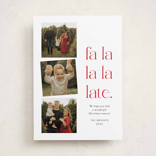 This is a crimson holiday photo cards with standard by Amy Payne called fa la la la late printing on recycled smooth signature in standard