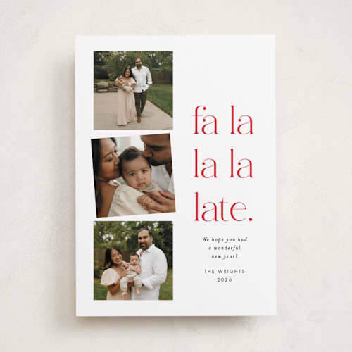 This is a crimson holiday photo cards with standard by Amy Payne called fa la la la late printing on recycled smooth signature in standard