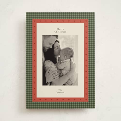 This is a evergreen holiday photo cards with standard by Ellen Schlegelmilch called disney's mickey stamped border printing on recycled smooth signature in standard