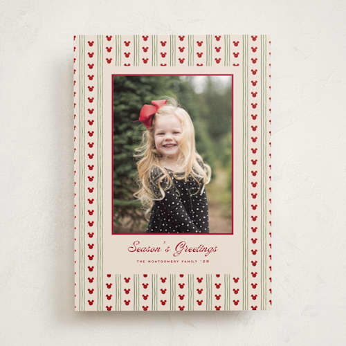 This is a crismson holiday photo cards with standard by Claudia Orengo called disney's preppy stripes mickey mouse printing on recycled smooth signature in standard