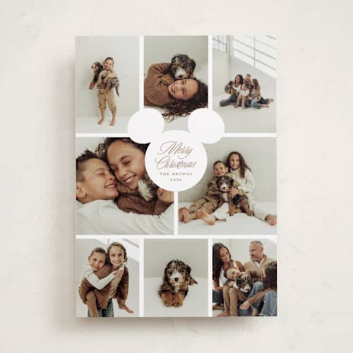 This is a caramel holiday photo cards with standard by Claudia Orengo called disney's mickey mouse collage printing on recycled smooth signature in standard