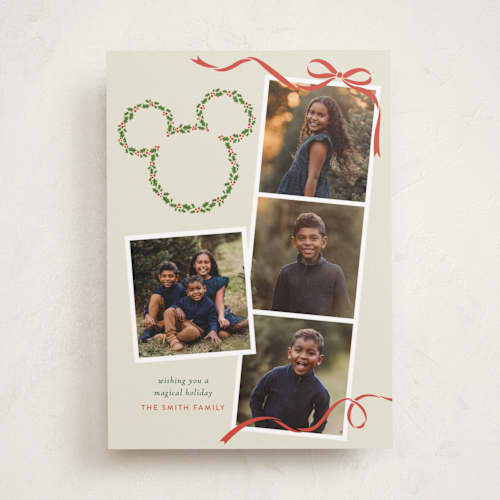 This is a wreath holiday photo cards with standard by Sarah Hawkins Designs called disney's mickey ribbon holly printing on recycled smooth signature in standard