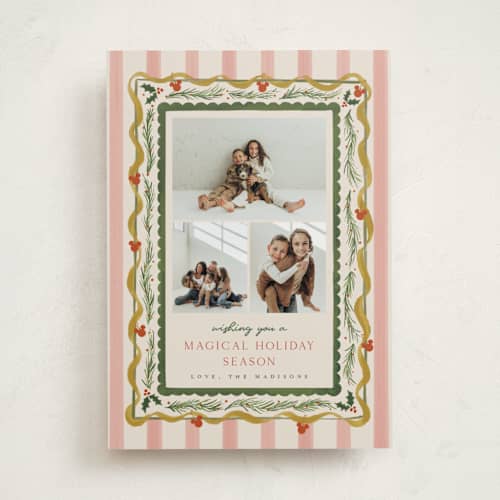 This is a holly berry holiday photo cards with standard by Vera Lim called disney stripes mickey printing on recycled smooth signature in standard