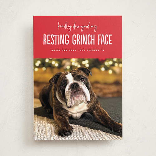 This is a poinsettia holiday photo cards with standard by Erica Krystek called grinch face printing on recycled smooth signature in standard