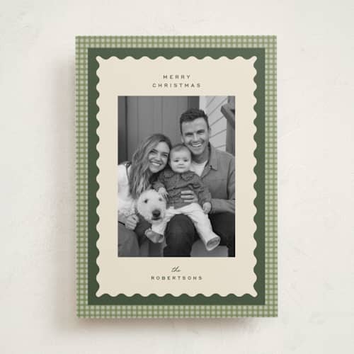 This is a garland holiday photo cards with standard by Ellen Schlegelmilch called gingham layers printing on recycled smooth signature in standard