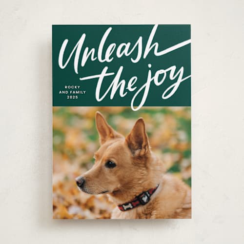 This is a evergreen holiday photo cards with standard by Erin German called unleash the joy printing on recycled smooth signature in standard