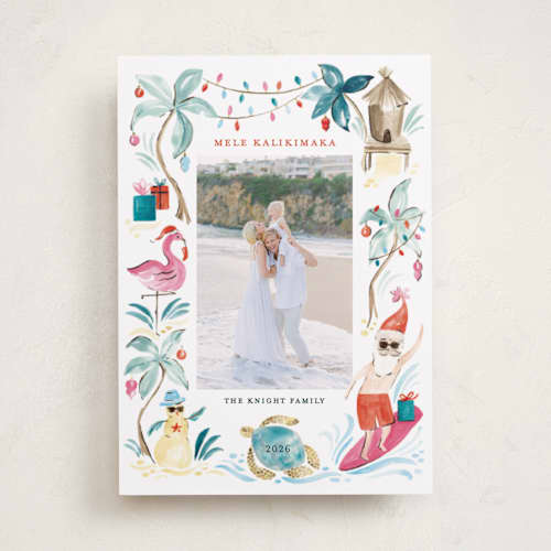 This is a sea turtle holiday photo cards with standard by Sarah Knight called merry luau printing on recycled smooth signature in standard