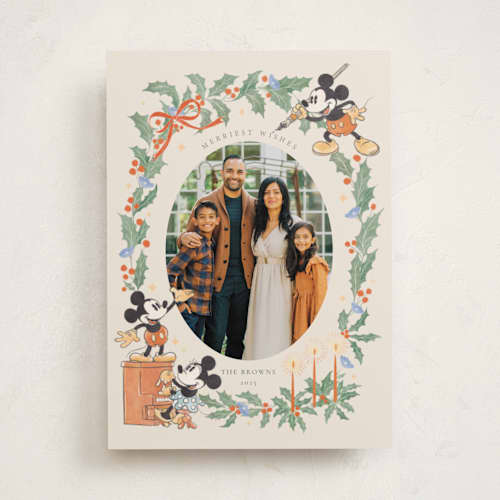 This is a vanilla holiday photo cards with standard by Sabrin Deirani called mickey merriest wishes printing on recycled smooth signature in standard