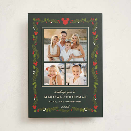 This is a pine holiday photo cards with standard by Creo Study called disney’s mickey vintage holiday greens printing on recycled smooth signature in standard