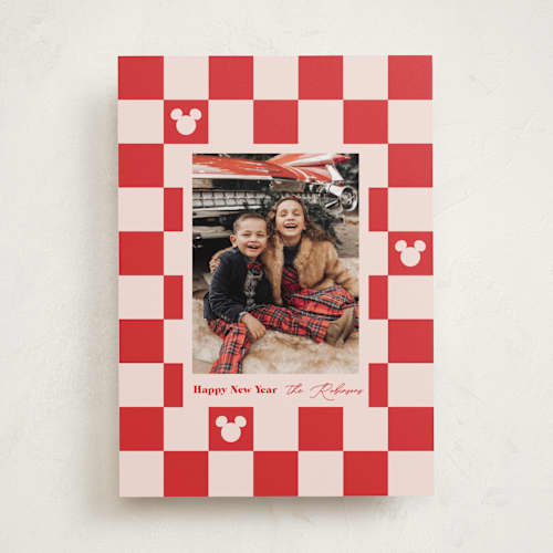 This is a minnie's bow holiday photo cards with standard by Carrie ONeal called disney mickey checkerboard printing on recycled smooth signature in standard