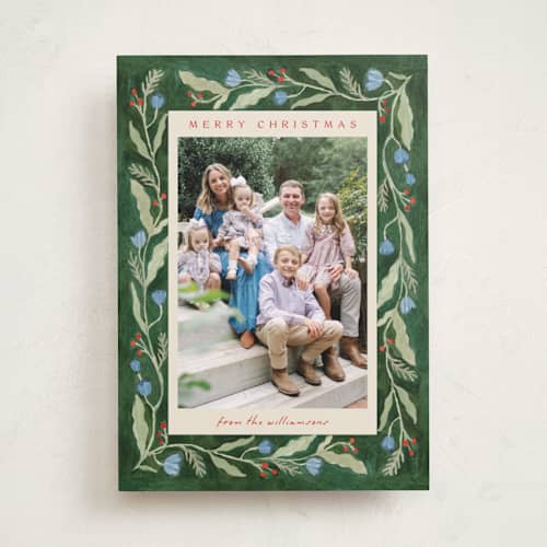 This is a pine holiday photo cards with standard by Amy Kross called verdant printing on recycled smooth signature in standard