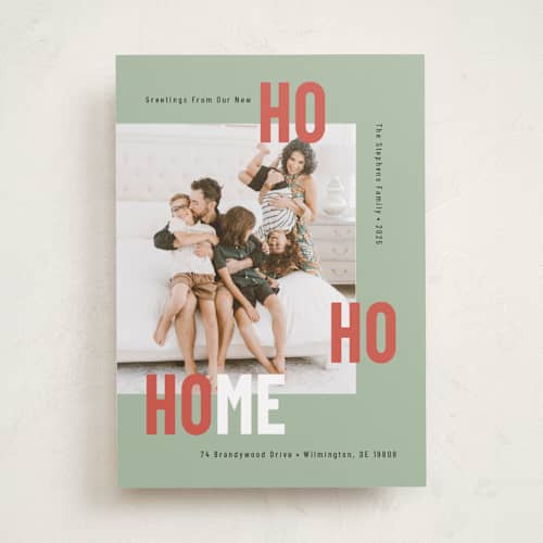 This is a sage holiday photo cards with standard by Mary Kay Garttmeier called new ho ho home printing on recycled smooth signature in standard