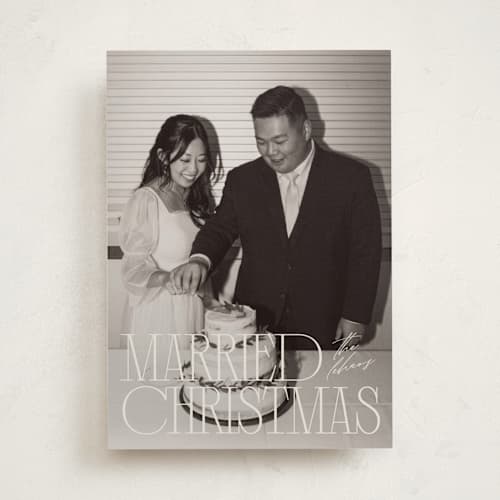 This is a champagne holiday photo cards with standard by Ellen Schlegelmilch called serif married christmas printing on recycled smooth signature in standard