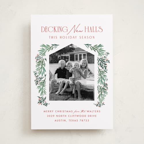 This is a holly berry holiday photo cards with standard by Julie Murray called decking new halls printing on recycled smooth signature in standard