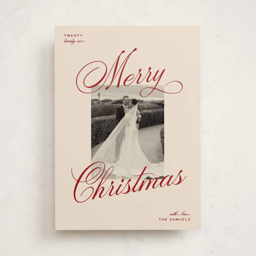 This is a burgundy holiday photo cards with standard by Ellen Schlegelmilch called vintage cinema printing on recycled smooth signature in standard
