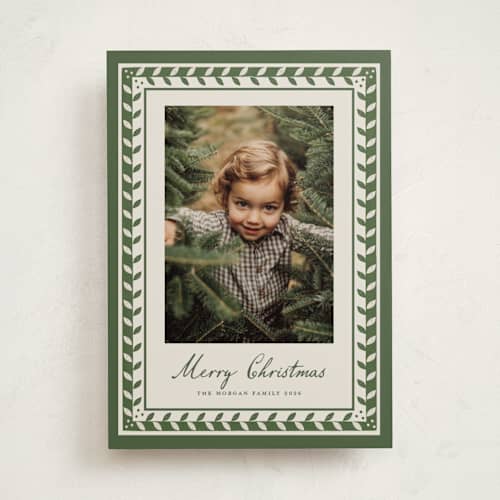This is a pine holiday photo cards with standard by Maja Cunningham called linocut frame printing on recycled smooth signature in standard