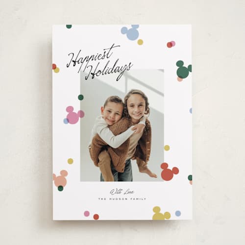 This is a fruitcake holiday photo cards with standard by Pixel and Hank called disney's mickey happy sprinkle printing on recycled smooth signature in standard