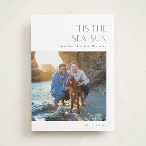 This is a sea spray holiday photo cards with standard by Corinne Malesic called tis the sea-sun printing on recycled smooth signature in standard