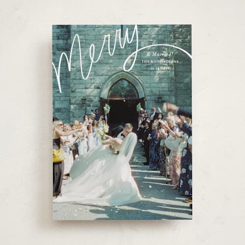 This is a wedding cake holiday photo cards with standard by Becky Nimoy called merry hand lettered script printing on recycled smooth signature in standard