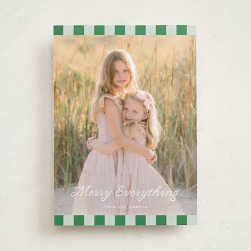 This is a sage holiday photo cards with standard by Sara Hicks Malone called cabana check printing on recycled smooth signature in standard