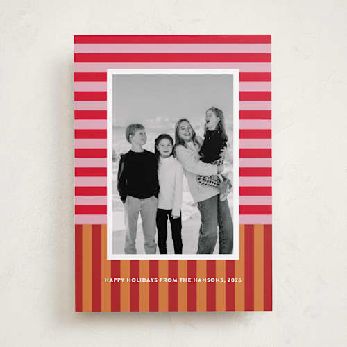 This is a nutmeg holiday photo cards with standard by Shari Margolin called festive stripes printing on recycled smooth signature in standard