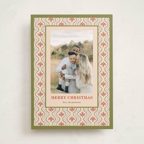This is a pine holiday photo cards with standard by Natalie Rae called juniper berry printing on recycled smooth signature in standard