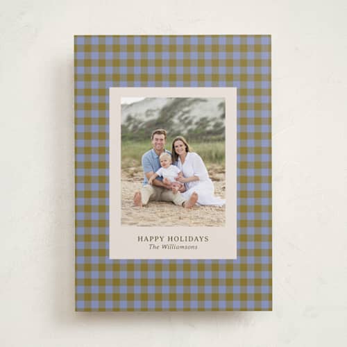 This is a blueberry holiday photo cards with standard by Beth Vassalo called cozy gingham printing on recycled smooth signature in standard
