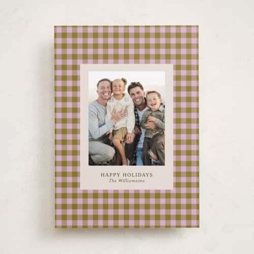 This is a peony holiday photo cards with standard by Beth Vassalo called cozy gingham printing on recycled smooth signature in standard